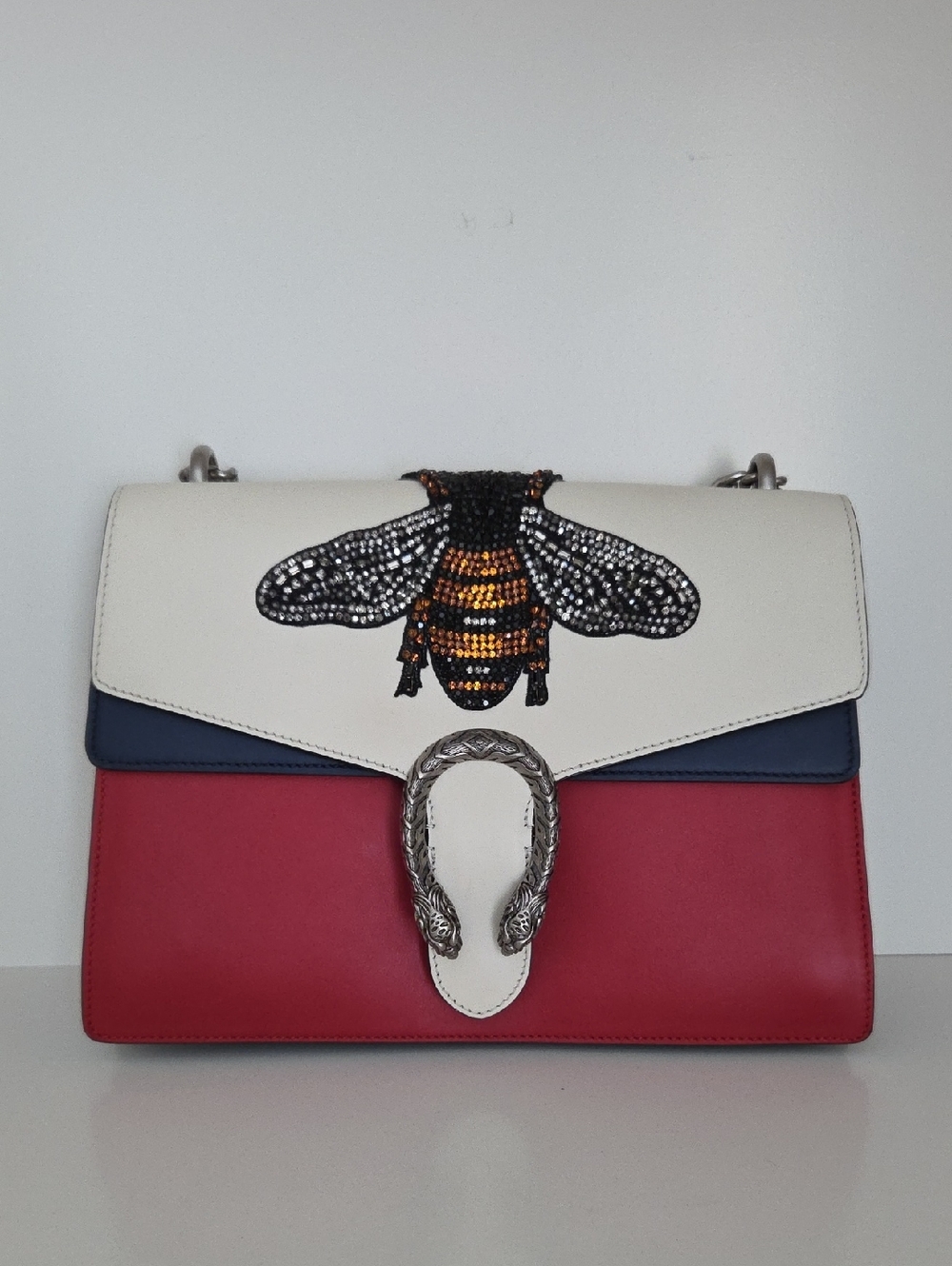 Gucci Red/White/Blue Leather Bee Embroidered Medium Dionysus Bag